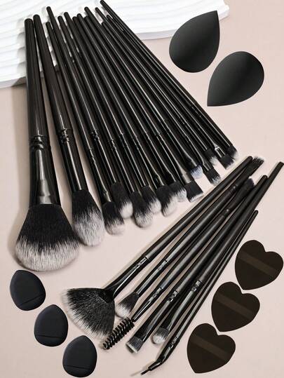 28支/23支/3支专业化妆刷套装，包含20支化妆刷、2个水滴形化妆海绵、3个心形化妆海绵和3个拇指形化妆海绵，采用柔软尼龙刷毛，适用于粉底、眼影、遮瑕膏、眼线等，方便携带，无香精，适合所有肤质，ABS塑料手柄，是馈赠佳品。套装包含：化妆刷套装、化妆刷套装、化妆刷套装、全套化妆工具、化妆刷套装、化妆礼盒套装。