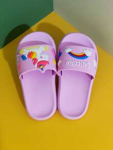 1 par de chanclas planas de EVA con arcoíris y unicornio para niños, adecuadas para uso en interiores/exteriores, hogar, baño, verano