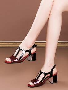 2025 New Fashion Summer Women's Strap Roman Style Sandals, Thick Heel Hollow Peep-Toe Mid-Heel - Burgundy - View 1