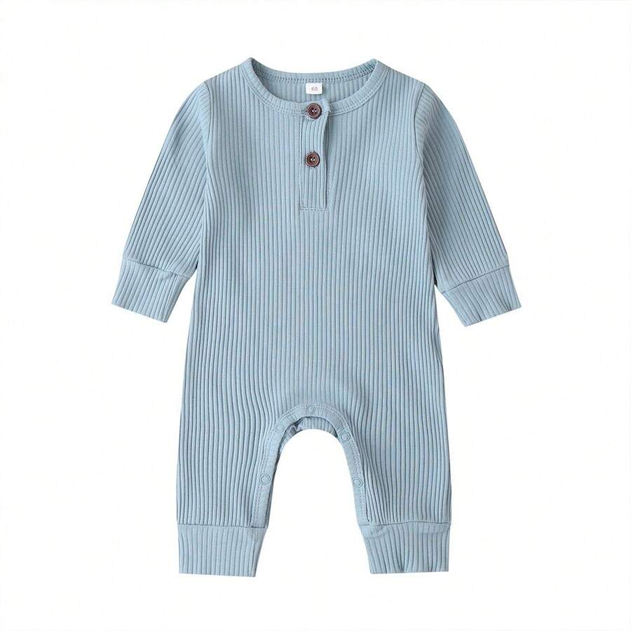 Newborn Baby Boy Girl Knitted Rib Romper Infant One Piece Jumpsuit Cotton Solid Long Sleeve  Bodysuit Basic Coming Home Outfits - Màu xanh lam - Xem 1
