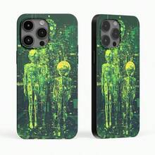 The Phone Case Features A Digital Abstract Image Of Humanoid Figures, Depicted In Vibrant Green Hues Against A Dark Background, Resembling A Futuristic Or Sci-Fi Theme. Skin-Friendly Luxury Concave Frame Lens Protection - Simple Design For IPhone 16 15 14 13 12 11 Pro Max 16 15 14 Plus