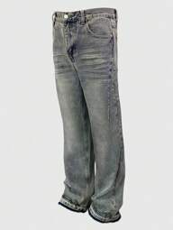 Heren casual jeans met distressed zoom en franjes, eenvoudig ontwerp, veelzijdig, geschikt voor alle seizoenen, sluiting met knoop en ritssluiting, rechte pijpen, emo-stijl