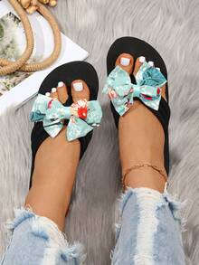 女士一脚蹬平底凉鞋，带花卉图案蝴蝶结 - 透气面料鞋面和柔软 EVA 鞋底，适合海滩、休闲穿着 - 舒适的夏季拖鞋、沙滩鞋、沙滩鞋 - 彩色 - 查看 6