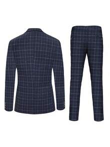3 piezas Conjunto de traje a cuadros para hombre, que incluye chaqueta, chaleco y pantalones, de estilo minimalista y de moda, para uso casual diario - Azul Marino - Ver 5