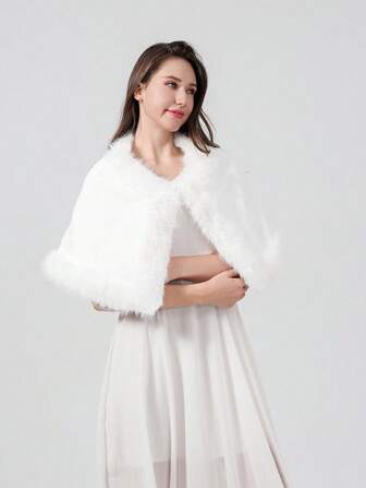 1 pièce Étole/Châle en fausse fourrure blanc/noir pour femme, cape de mariée décorative
