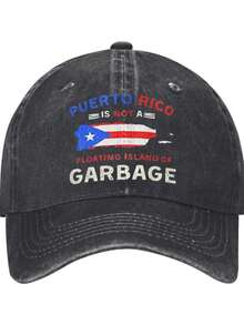 Vintage Distressed Cotton Cowboy Hat, PUERTO RICO IS NOT A FLOATING ISLAND OF GARBAGE Print. Cotton Denim Hats, Baseball Caps, Trucker Caps. The Arched Brim Design Is Adjustable. - Black - View 1