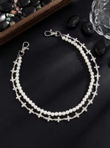 1 pieza Cadena para la cintura estilo retro y minimalista con perlas falsas, cadena cruzada personalizada para hombre, utilizada para decorar pantalones