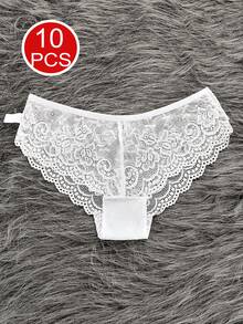 10 Pieces Of Mixed Color Women's Lace Floral Panties Lace Trim Splicing Comfortable And Breathable Women's Panties Daily Versatile Size S-L Optional Wear All Year Round 95% Cotton - 混色10件裝 - 查看 11