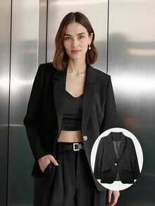 Women's Pocket Lapel Button Office & Beach Casual Blazer With Double Slits, Spring/Autumn