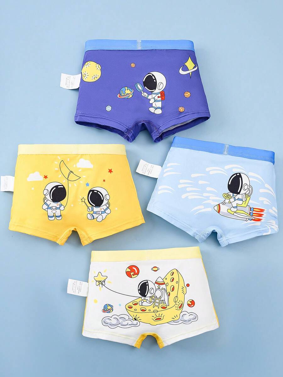 4条装男童舒适柔软透气卡通宇航员印花平角内裤，幼儿/小童/大童 - 彩色 - 查看 1