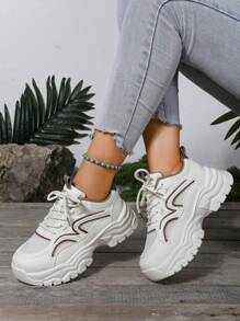 Ladies Casual Leisure Breathable Mesh Sneakers, Fashion Thick Sole Platform Shoes, Lightweight Non-Tiring, Solid Color Preppy Oxford Lace-Up Trainer Suitable For Holidays, Weddings, School, Parties, Office Wear In Spring/Autumn
