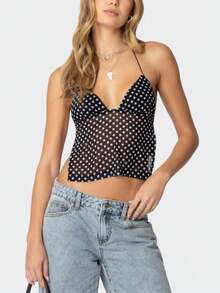 Womens Sexy Backless Halter Top Y2k Polka Dot Print Spaghetti Strap Sleeveless Deep V Neck Tie Back Cami Tank Tops Mesh See Through Camisole Crop Tops Summer Cute Going Out Tops Party Club Beach Vacation Streetwear - 黑色 - 查看 4