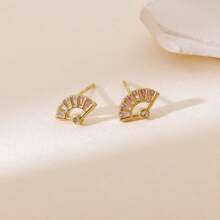 1 Pair Minimalist Zirconia Inlaid Fan Shaped Stud Earrings For Women, Unique Design, New