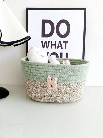 1pc Large Woven Cartoon Desk Storage Basket, Makeup, Key Organizer, Nursery, Bedside, Kids Room, Home, Dorm Multipurpose Basket, Mixed Color