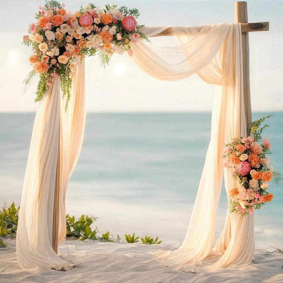 2 件婚礼拱门垂坠面料，75X600CM/2.5X20FT 香槟色透明雪纺拱门垂坠，婚礼派对新娘送礼会装饰房间装饰用品，户外超长装饰垂坠，适用于派对仪式天花板窗帘背景，适用于透明网状窗帘、纱布桌旗、桌布、楼梯围栏装饰、椅背装饰 - 香檳色 - 查看 1