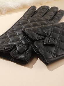 1 Pair Rhombus Pattern Casual Elegant PU Leather Bow Touchscreen Full Finger Gloves, Versatile For Daily Wear, All Seasons, Autumn/Winter, Fashionable And Warm For Riding