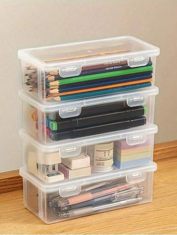Juego de 4 cajas de almacenamiento de gran capacidad y transparentes - Organizador transparente con tapa con bisagras para oficina, escuela, suministros de arte y manualidades, accesorios de escritorio, útiles escolares, de vuelta a clases