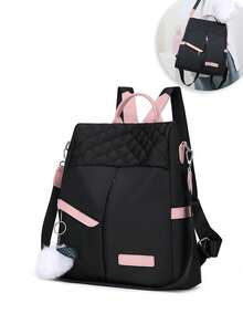 Black And Pink Oxford Cloth Women'S Backpack With Multiple Compartments, Perfect For Teen Girls, Women, Men, Students, Travel, Work, School, And Daily Use – Stylish, Lightweight, Anti-Theft, Durable, With Cute Pom-Pom Charm. The Material Appears To Be Durable, Making It Suitable For Daily Use, Such As Commuting Or Traveling. For Carrying Books, Personal Items, Etc. - 黑色 - 查看 1