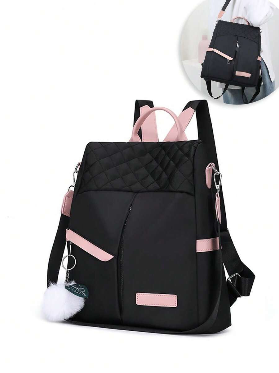 Black And Pink Oxford Cloth Women'S Backpack With Multiple Compartments, Perfect For Teen Girls, Women, Men, Students, Travel, Work, School, And Daily Use – Stylish, Lightweight, Anti-Theft, Durable, With Cute Pom-Pom Charm. The Material Appears To Be Durable, Making It Suitable For Daily Use, Such As Commuting Or Traveling. For Carrying Books, Personal Items, Etc. - 黑色 - 查看 1