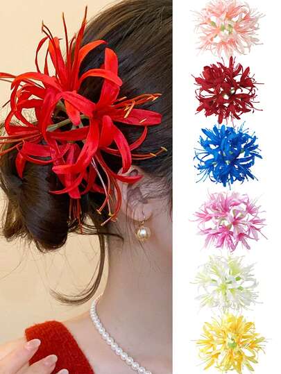 8 pezzi di giglio rosso ragno realistico - acconciatura elegante stile bohémien per signora con dettagli a foglia verde, adatta per vacanze estive in spiaggia, matrimoni e feste, con disegno di petali realistici