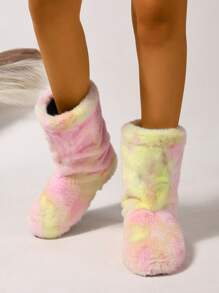 Women's Faux Fur Boot Furry Fluffy Round Toe Suede Winter Comfy Plush Warm Short Outdoor Indoor Flat Shoes Mid-Calf Boots