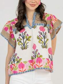 Women Y2K Floral Patchwork Fly Sleeve T Shirts V Neck Loose Fit Striped Trim Vest Shirts Summer Casual Going Out Tank Tops Party Streetwear - 粉色 - 查看 2