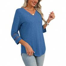 XIEERDUO 3/4 Length Sleeve Womens Tops Dressy Casual Blouses For Women 2025  V Neck T Shirts Summer Clothes - 藍色 - 查看 4
