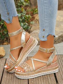 Giày sandal đế xuồng quai chéo đính đinh tán đính đá Rhinestone dành cho nữ, đế xuồng cao bóng hở mũi, trang phục hàng ngày mùa hè, màu vàng - Vàng - Xem 4