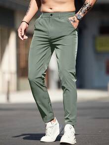 Men's Solid Color Slant Pocket Casual Commute Tapered Pants - Army Green - View 4