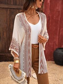 Plus Size Flare Sleeve Color Blocking Boho Style Cardigan - Apricot - View 2