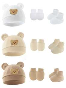 3 件套婴儿熊耳帽、防抓手套和脚套套装，适合 0-6 个月婴儿 - 3件 - 查看 1