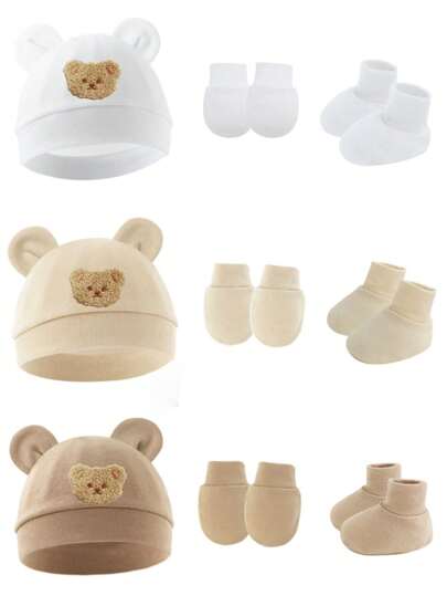 3 pièces/set Chapeau oreilles d'ours bébé, moufles anti-grattage et cache-pieds, convient aux bébés de 0 à 6 mois