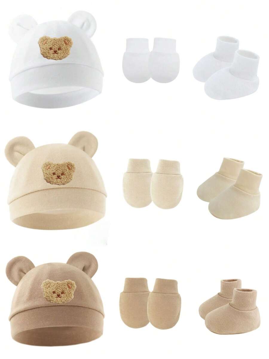 3 件套婴儿熊耳帽、防抓手套和脚套套装，适合 0-6 个月婴儿 - 3件 - 查看 1