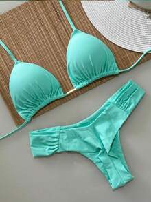 Triangle Bikini With Double Butterfly String Panties In Various Colors - Water Green - View 2