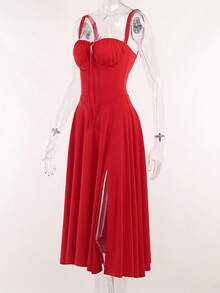 Mujeres Temperamento Moda Senior Sentido Francés Tirantes Suave Viento Vestidos Largo Dividido, Mujeres Temperamento Elegante Sexy Tirantes Vestido Elástico, conjuntos elegantes de mujer falda,Suave y Cómodo Tejido Agradable a la Piel, Adecuado para Banquetes, Asistir a Eventos, Hospedaje, Playas, Viajar Sesiones de Fotos, Fotografía de Calle, Trabajo y Uso Casual Diario. - Rojo - Ver 10