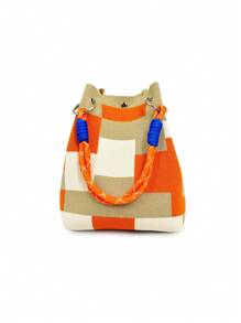 1pc Multicolor Geometric Pattern Knitted Handbag, Women Portable Foldable Dual Handle Small Tote Bag With Magnetic Closure, Suitable For Commuting, Vacation, Beach, Shopping