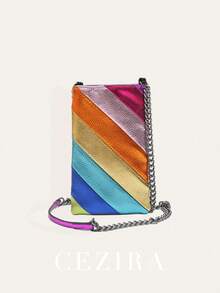 CEZIRA 女士时尚金属PU素面皮革斜挎包，彩色条纹拼接，纽扣开合，彩虹撞色设计，小巧便携，可作手机袋，长肩带单肩包，日常礼物，约会，购物，假日旅行 - 彩色 - 查看 10