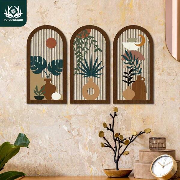 3-Piece Boho Style Vase Set With Leaf, Sun And Moon Elements, Wooden Painting Decor, Suitable For Home, Farm House, Living Room, Bedroom, Office, Cafe Wall Art, Gift