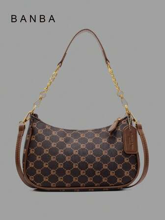 1pc Women's Solid Color PU Shoulder Bag, Versatile Underarm Bag For Work Commute, Adjustable Strap Crossbody Bag Chain Bag Underarm Bag Handbag With Metallic Embroidered Letters