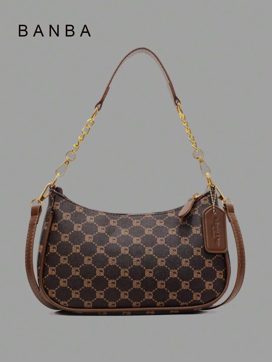 1 件女士纯色 PU 单肩包，多功能腋下包，适合工作通勤，可调节肩带斜挎包链条包腋下包手提包带金属刺绣字母 - 咖啡 - 查看 1