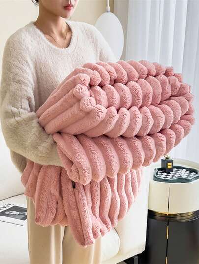 1 Pieza 180*220CM Manta De Matrimonial Tiro De Piel Sintética De Conejo Con Cortes A Rayas Anchas,Manta Suave De Doble Cara Para Cama O Sofá,Informal Para La Siesta En La Oficina