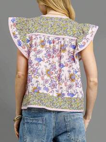 Women Y2K Floral Patchwork Fly Sleeve T Shirts V Neck Loose Fit Striped Trim Vest Shirts Summer Casual Going Out Tank Tops Party Streetwear - 紫色 - 查看 2