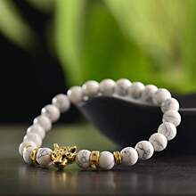 Gold Leopard Head Bracelet For Men Fashion Male Punk Blue Weathered Volcanic Lava Stone Bracelets Jewelry - Multicolor - View 5