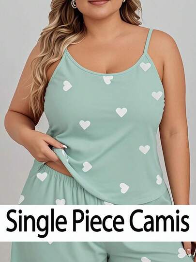 1 件大码女式心形印花吊带背心，可爱圆领无袖吊带露肩背心，春夏