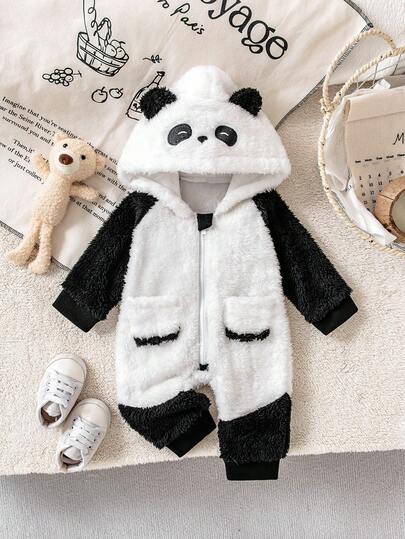 1 Stück Baby Panda Kapuzen-Jumpsuit, langärmeliger Plüsch-Romper mit Taschen & Reißverschluss, modisches Design geeignet für 0-9 Monate Babys