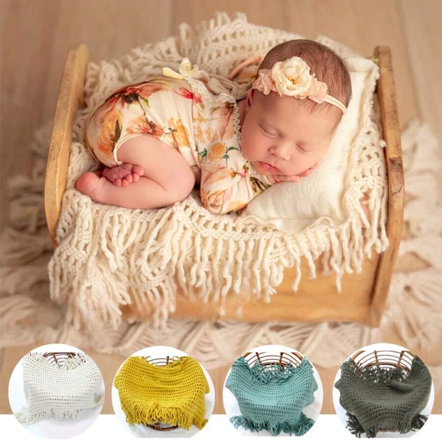 Soft Knitted Newborn Photography Tassel Backdrop Blanket, Vintage Boho Background Blanket, Newborn Photography Props Wraps Boy Girl Baby Posing Flokati Mat,Studio Shoot Accessories - Multicolor - View 1
