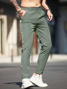 Men's Solid Color Slant Pocket Casual Commute Tapered Pants - Army Green - View 5