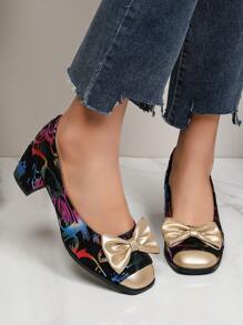 Nuevos tacones de plataforma elegantes con lazo decorativo y punta cuadrada, diseño superior con estampado colorido y contraste, suela de goma duradera, cómodo para uso casual y formal en todas las estaciones