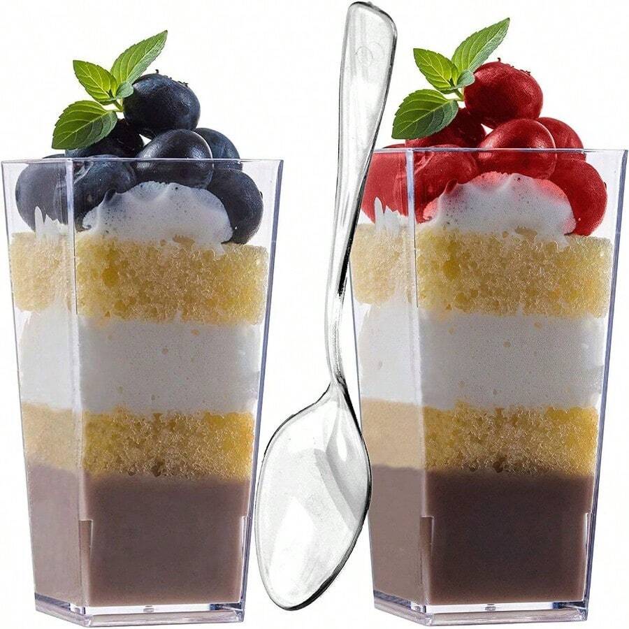 Local Shipping-Zappy 60 Pack 3 Oz Square Mini Dessert Cups With Lids And Spoons Dessert Shooter Cups With Spoons Appetizer Cups Parfait Glasses Dessert Shot Glasses For Party Clear Tumbler Cups - 100 個 3 盎司方形杯和 100 個勺子 - 查看 1