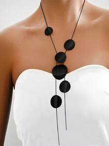 1 buah Kalung Rantai Asimetris Halus Berbentuk Lingkaran Geometris yang Modis & Elegan untuk Wanita, Serbaguna - Hitam - View 3